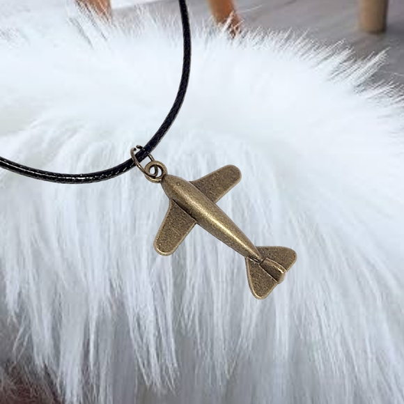 .Bronze Airplane Pendant with Black Cord Necklace - Picture 5 of 5